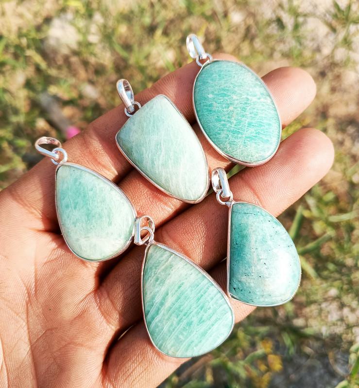 Amazonite Gemstone 925 Sterling Silver Plated 5 Pcs Bezel Pendant BEZ-62
