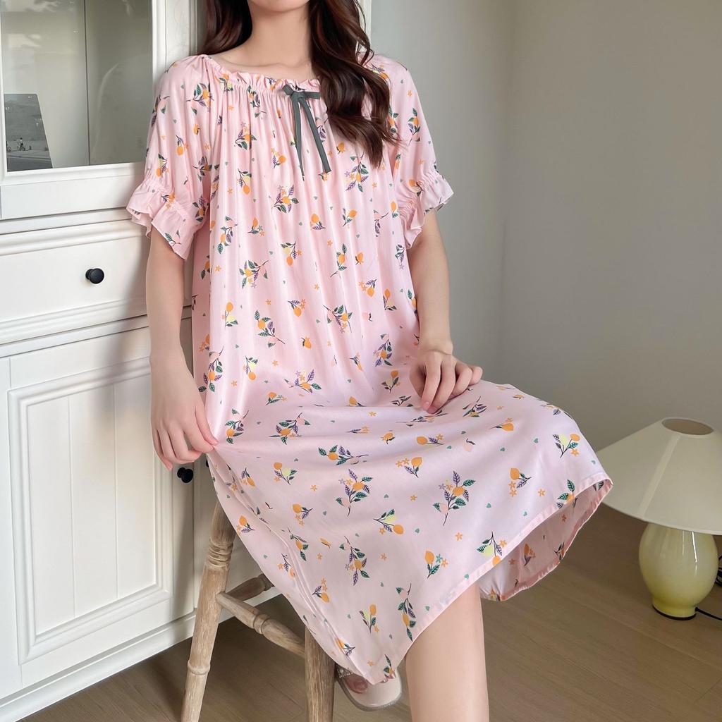 Spring and summer nightgown full cotton cotton and silk short-sleeved skirt generous small elastic round neck flower long skirt a variety of ways to