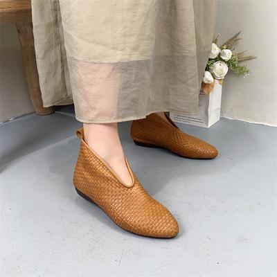 Ретро-сапоги из натуральной кожи, плетеные вручную, женские туфли без застежек, короткие сапоги с острым носком на плоской подошве