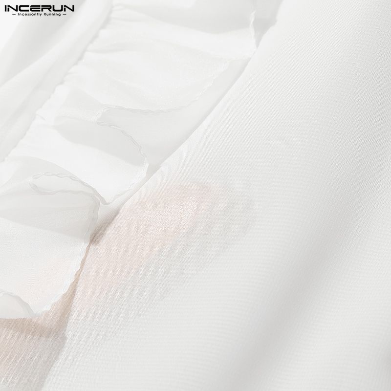 INCERUN Мужские рубашки оверсайз с лацканами, длинными рукавами, рюшами, прозрачные, для вечеринок, клубов, свободного кроя