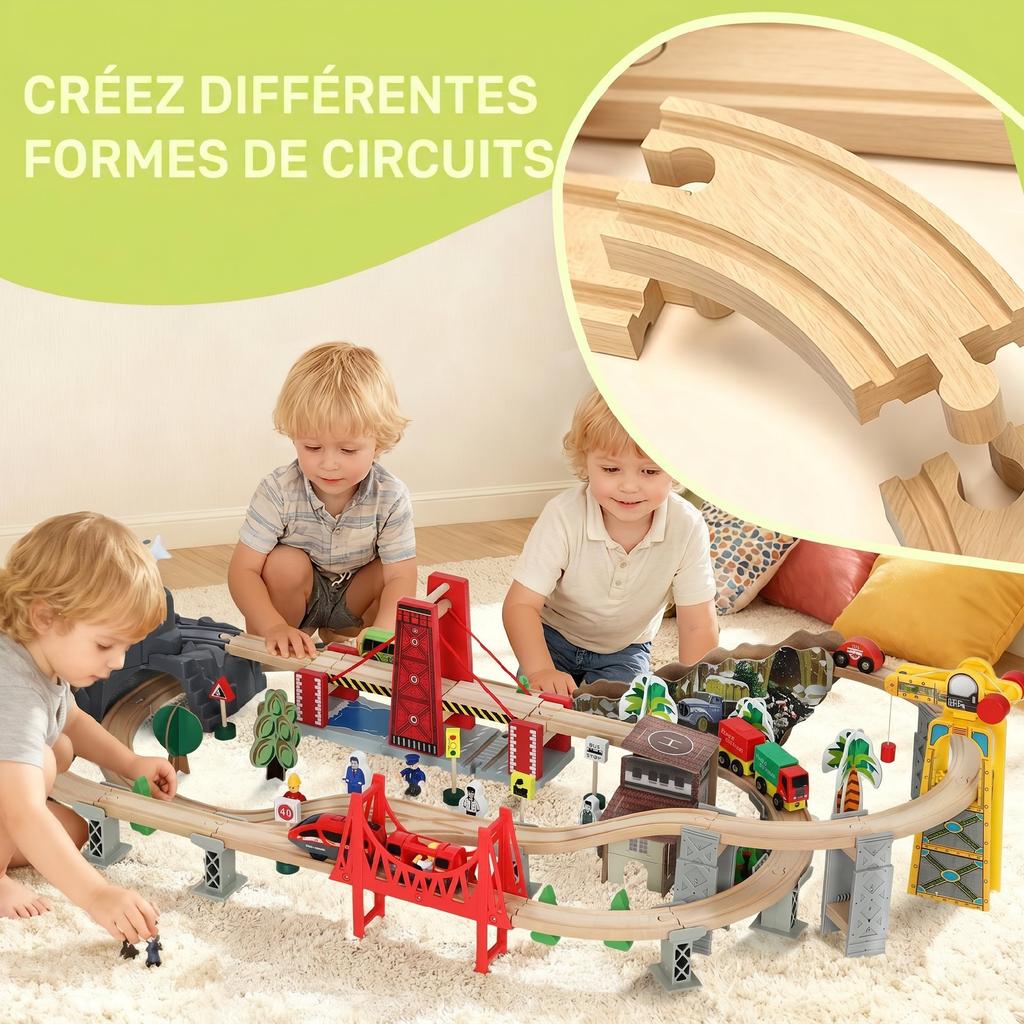 Wooden Train Set for Children, 100 Pieces, Magnetic Railway, Crane, Bridge, Helicopter, Multicolor