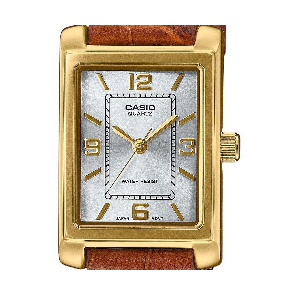 Casio Стандартный аналоговый коричневый кожаный ремешок серебристый циферблат кварцевые часы LTP-1234GLL-7A женские