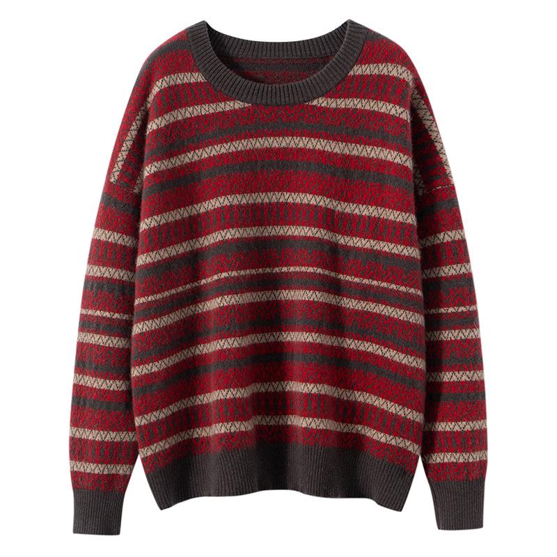 Women's Pure Cashmere Jacquard Stripe Sweater - Loose Fit, Round Neck, Autumn/Winter Style