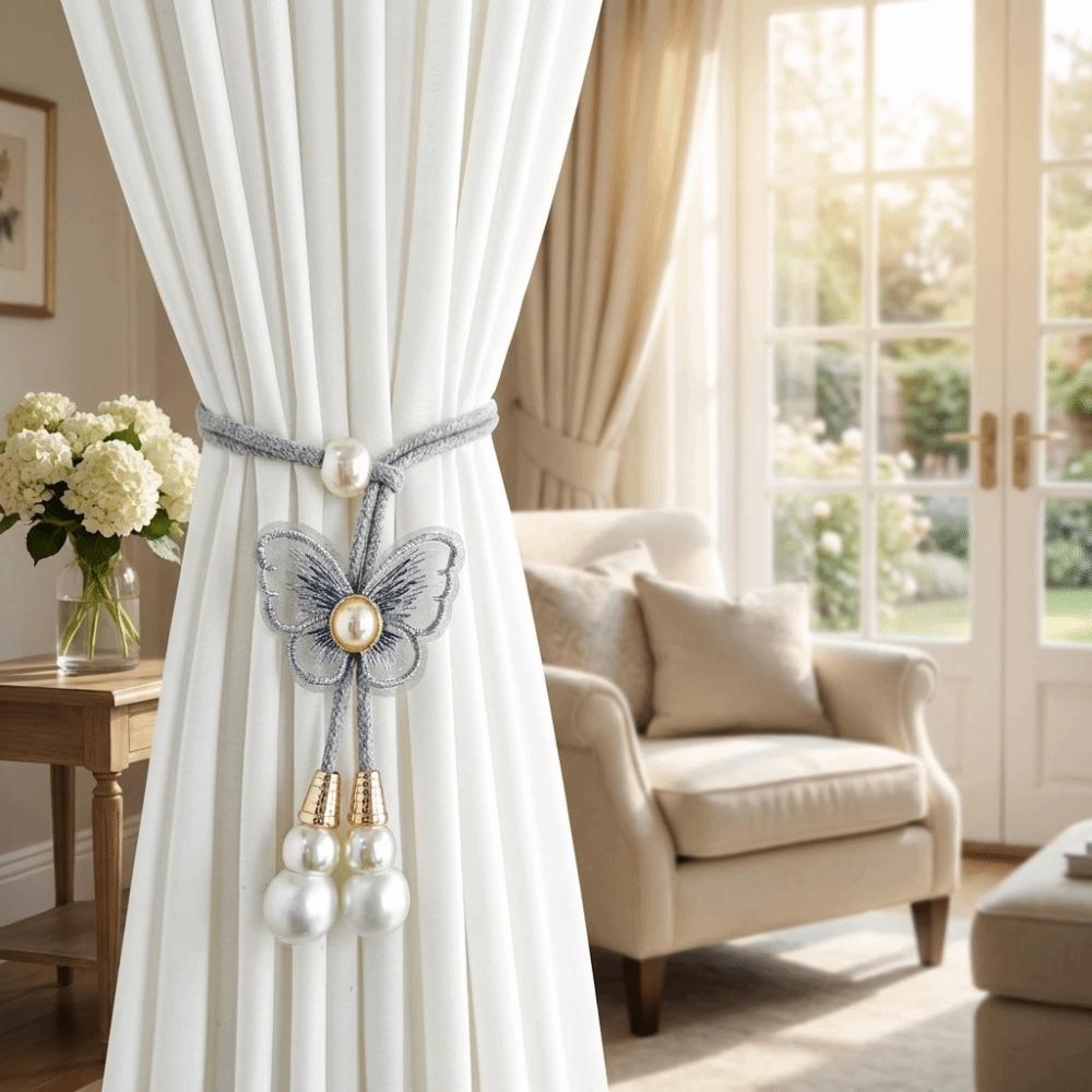 2PCS Adjustable Butterfly Curtain Tiebacks Curtain Holder Decorative Pearl Curtain Buckle Artificial Pearl Curtains Tie Rope