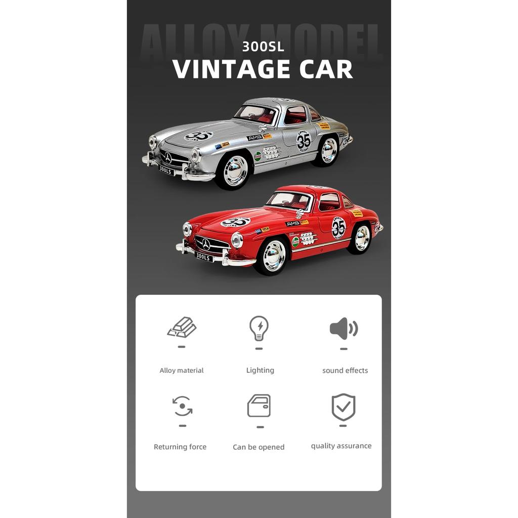 1/32 Benz 300SL 35# Винтажный Классический Сплав Металл Литой Модель Автомобиля Звук и Свет Симуляция Коллекция Дисплей Украшения Подарок