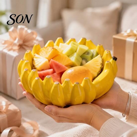 Decorative Table Centerpiece Ceramic Banana Fruit Bowl, Creative Yellow Tray, Bowl Salad for Kitchen Dining Countertop Modern Candy