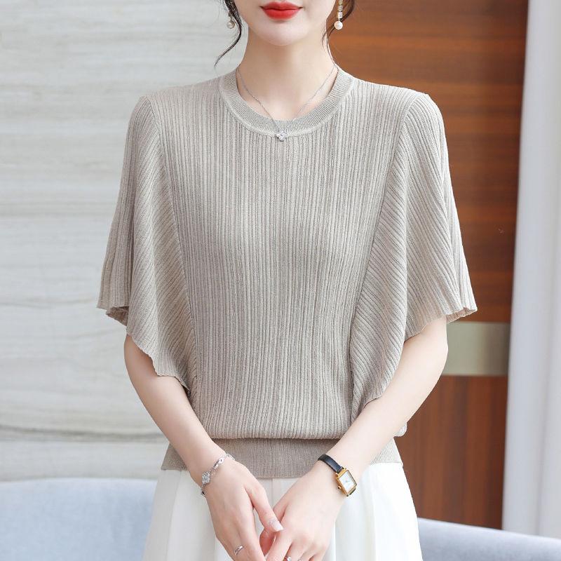 Женская летняя трикотажная футболка с коротким рукавом, рубашка «летучая мышь», летний новый модный топ, трикотажная рубашка из ледяного шелка