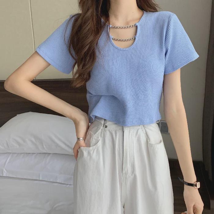 Модные летние укороченные топы 2023 года: Футболки Sweet Style с высокой талией и короткими рукавами для женщин