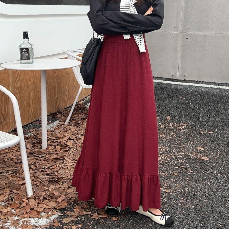 Плотная вязаная юбка-полусолнце Осень/Зима Новый популярный стиль Лист Высокая талия Слово Большая Приталенная Сшивная Средней длины Длинная юбка