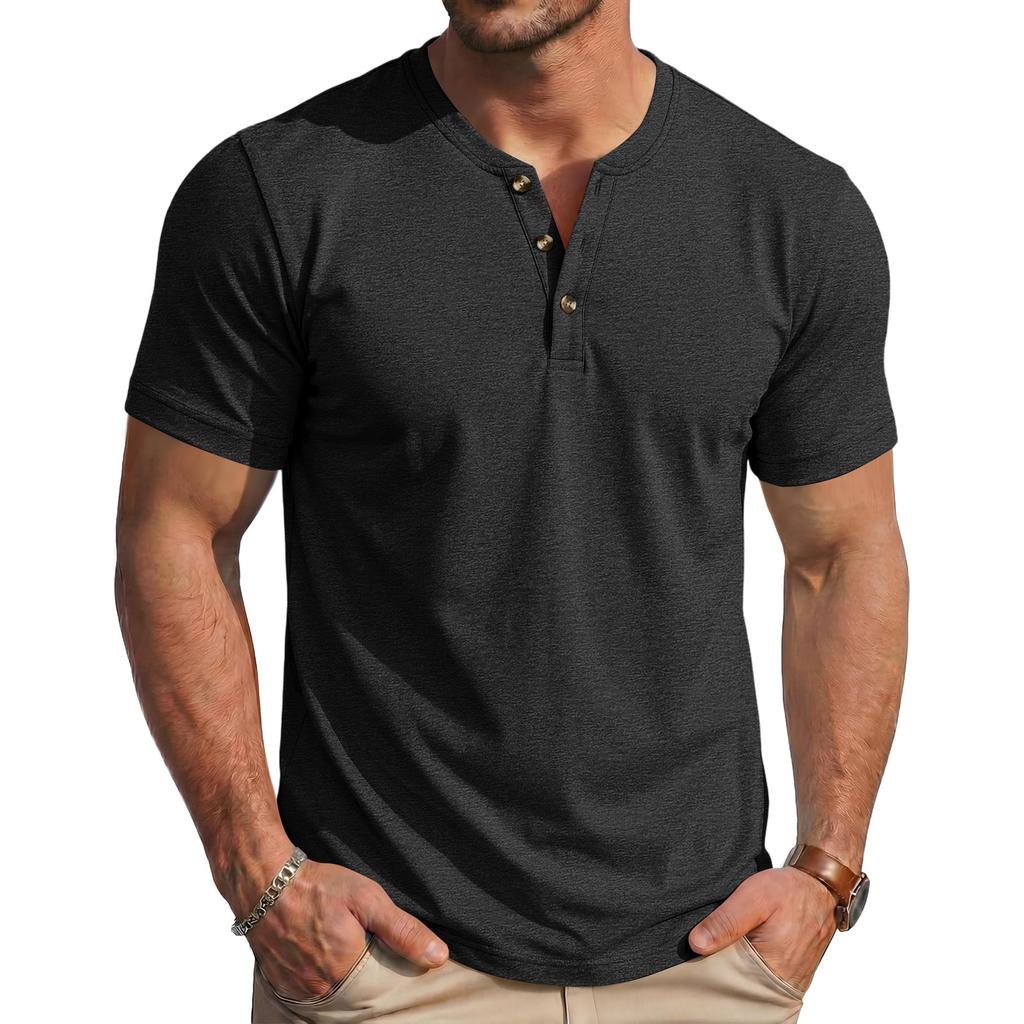 Men's Summer Casual Slim Fit Muscle Texture Henley Short Sleeve T Shirt Lightweight Breathable Vintage Style Tee