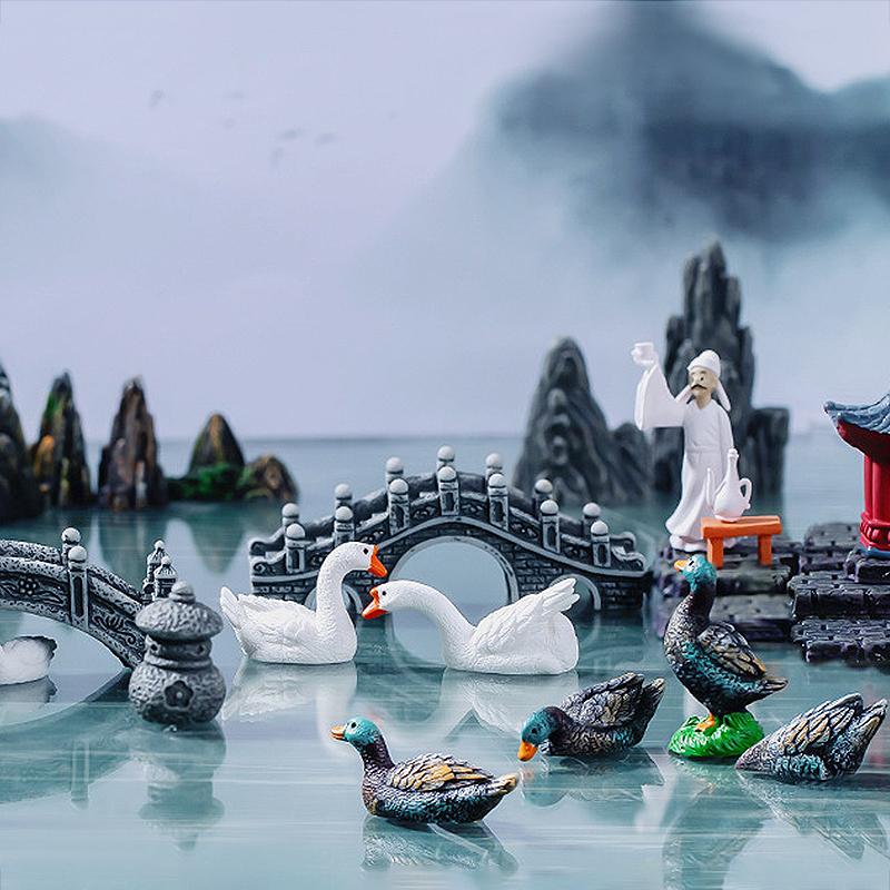 Миниатюрная фигурка, имитация скалы, микроландшафтные украшения, павильон, мостик, гусь