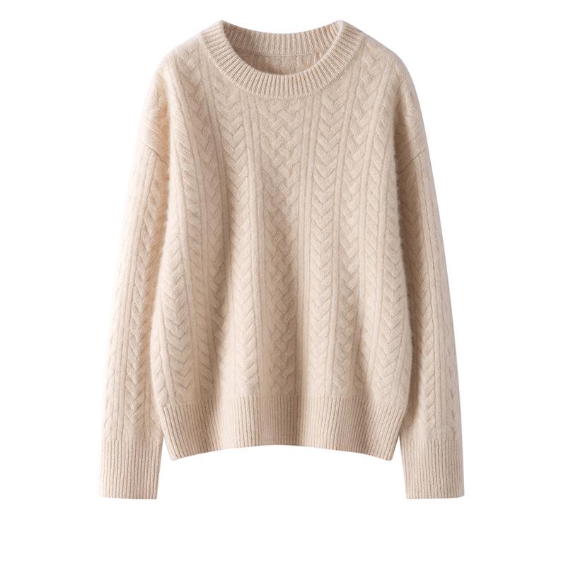 Women's Heavyweight Cashmere Cable Knit Round Neck Sweater - Autumn/Winter Pullover, Pure Color, Loose Fit