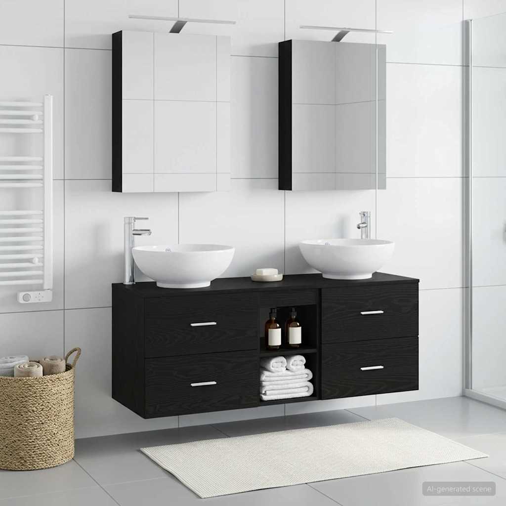 5 Piece Bathroom Furniture Set Black Oak Engineered Wood and Glass