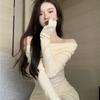 Однотонное платье-туба с открытыми плечами и длинным рукавом для женщин, осенняя новинка, облегающее, со шнурком, в стиле Spice girl, облегающее бедра, короткая юбка