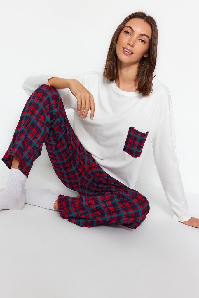 Women's Fashion Premium White 100% Cotton Plaid Tshirt-Pants Knitted Pajama Set