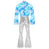 Mens Metallic Bell Bottom Disco Jumpsuit Turn Down Collar Flared Sleeves Printed Bodice Bodysuit Party Costume