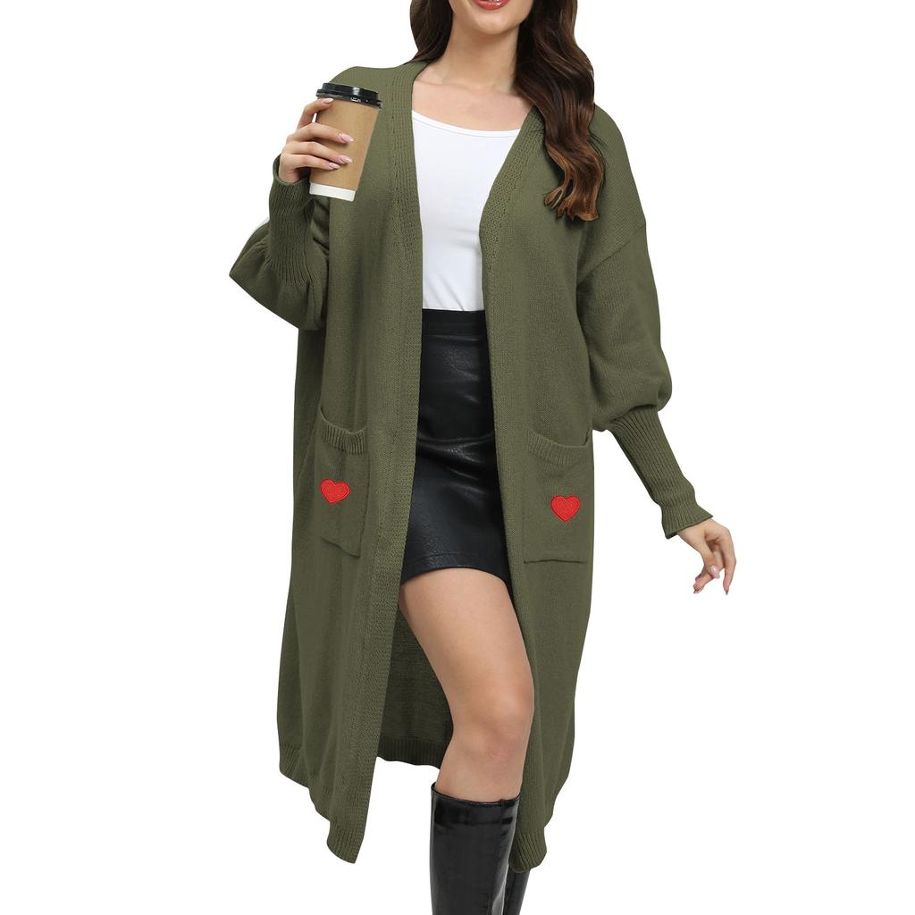 Women's Casual Fashion Comfortable Loose Lazy  Love Patch Knitted Sweater Double Pocket Sweater Cardigan