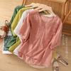 V-neck Short-sleeved Embroidered Cotton and Linen Pullover Top Women's 2025 Summer New Retro Loose and Thin Temperament Shirt