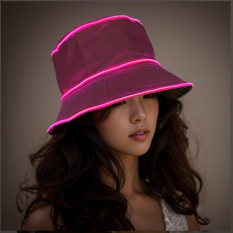 Adult LED Light-Up Flat Top Sun Hat Unisex Logo Embroidery Bucket Cap Solid Color Promotional Gift