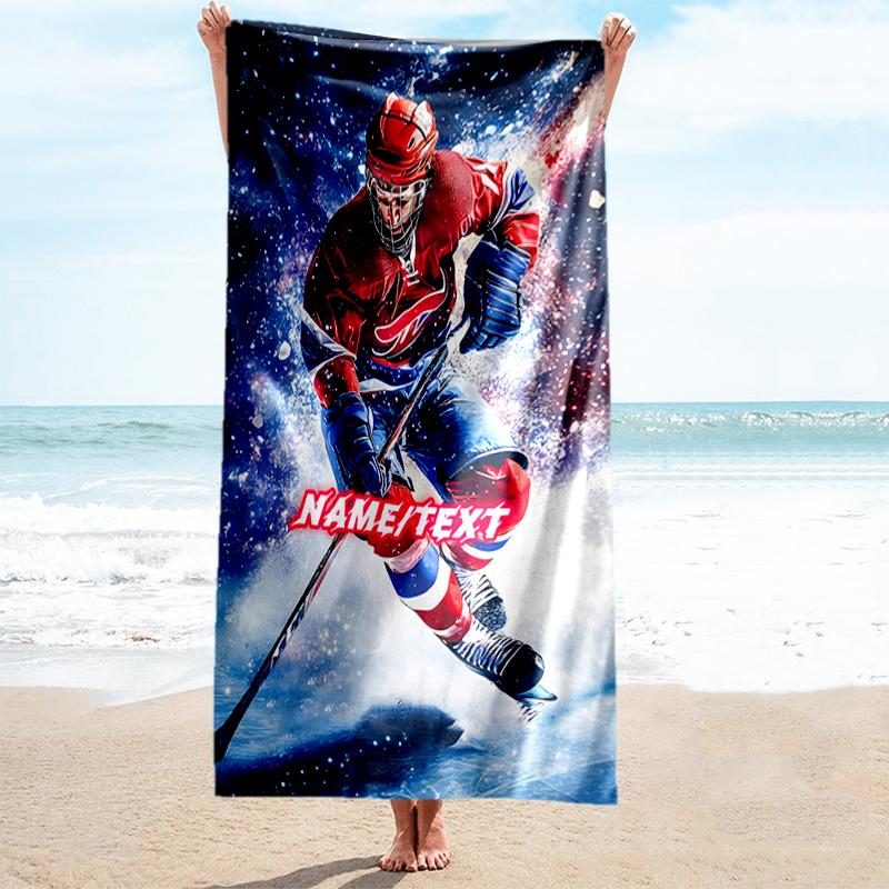 1PC Custom Name Hockey Player Action Beach Towel Highly Absorbent And Sand-Resistant Towel for Swimming, Pool, Yoga, And Travel Lightweight