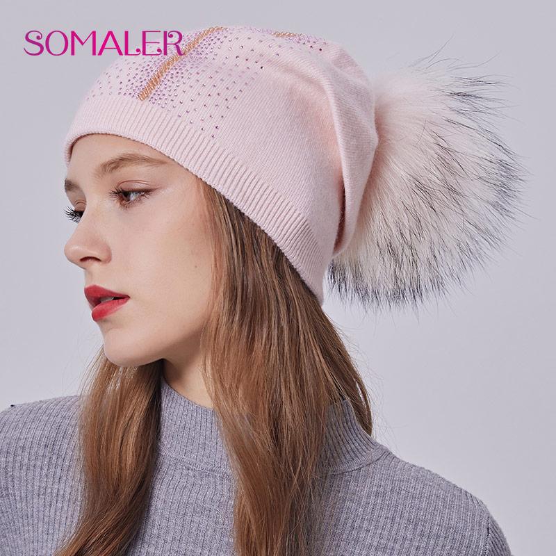 SOMALER Зимняя вязаная шапка с большим помпоном из натурального меха для женщин, теплые шерстяные шапки с украшением, модные вязаные шапки с черепом