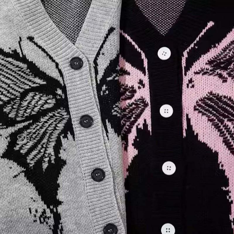 Unisex Gothic Streetwear Knit Cardigan With 3D Butterfly Jacquard Loose Fit V-Neck Long Sleeve Sweater In Black Gray
