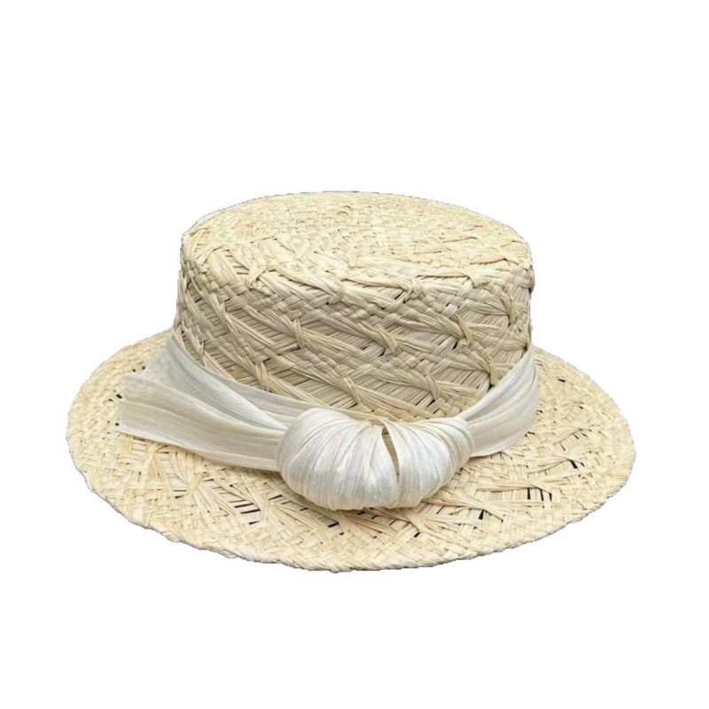 Natural grass woven hat flat top Lafite straw hat women's spring and summer sun protection sun hat seaside vacation bucket hat grass