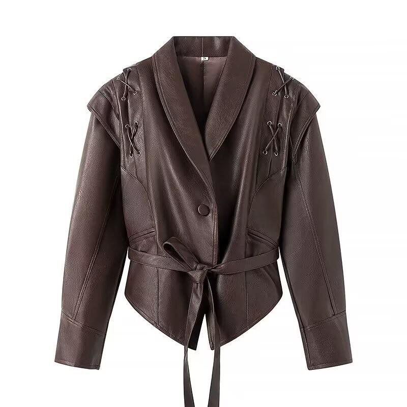 Womens Winter Streetwear Vintage PU Leather Jacket Slim Fit With Belt Detail