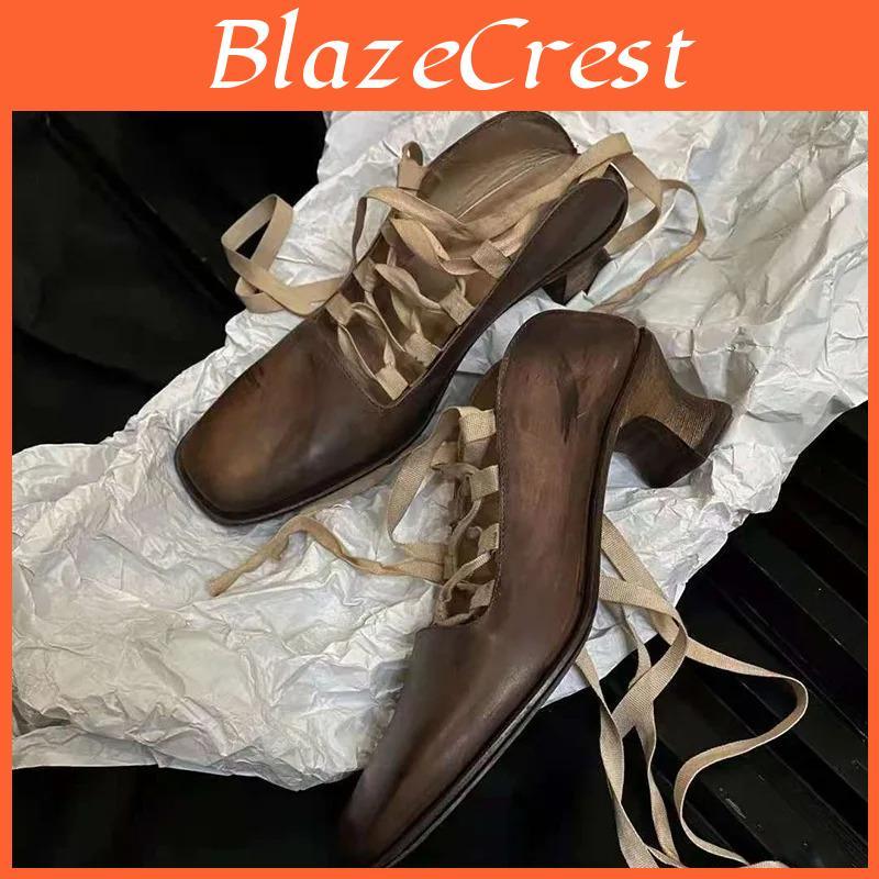 Mary Jane Shoes Womens Vintage Lace Up Ballet Shoes Chunky Heels