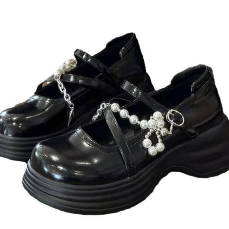 Туфли Мэри Джейн на толстой подошве для женщин, милые лоферы с пряжкой, жемчужные цепочки, круглый носок, платье на платформе, туфли в стиле Лолиты