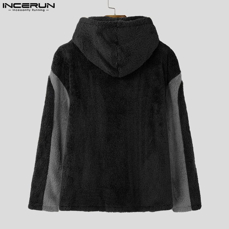 INCERUN Мужские толстовки с длинным рукавом и молнией с мехом, повседневные толстовки с высоким воротом в стиле пэчворк