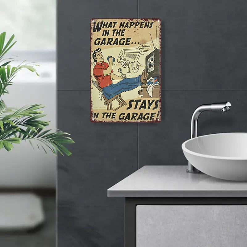 1pc Vintage Iron Metal Sign, "What Happens in the Garage Stays in the Garage" Retro Wall Art Decor, for Bar, Cafe, Beach House,