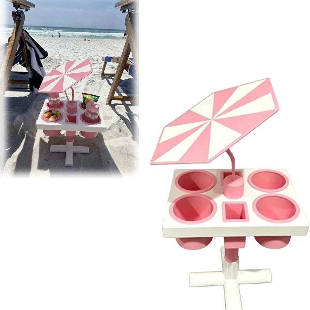 Beach & Pool Tray with Umbrella, Portable Outdoor Drink and Snack Holder Table for Sand, Poolside and Lawn Use, Multi-Compartment Serving Tray