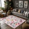 Pink Floral Bohemian Area Rug, Flower Pattern Non-Slip Carpet, Soft Living Room Mat for Cozy Home Decor