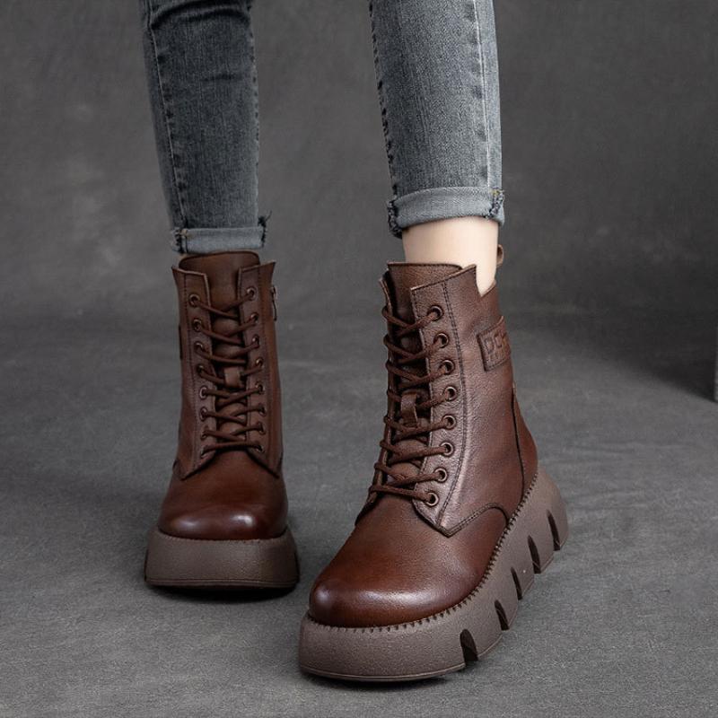 Johnature Женские ботинки из натуральной кожи, зимние ботинки на молнии с круглым носком, женские шитье, ботильоны ручной работы на платформе в стиле ретро