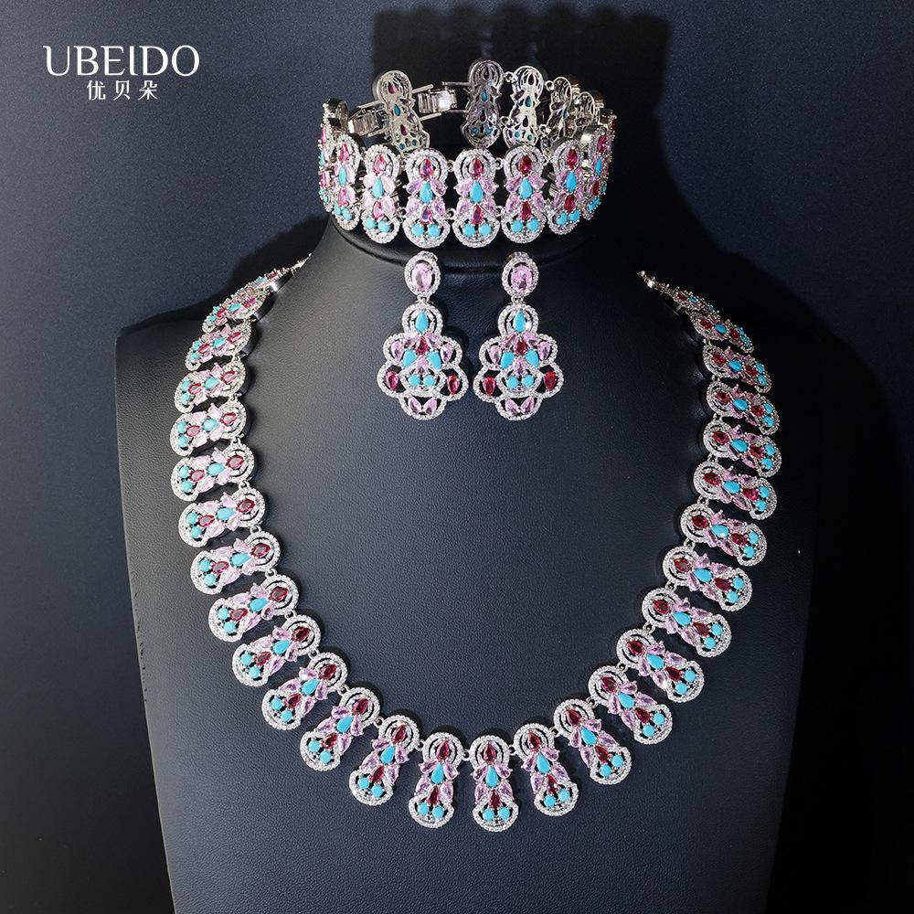 Elegant Pink Turquoise Bridal Necklace Set 3 Piece Vintage Filigree Lace Collar Wide Bracelet Dangle Earrings