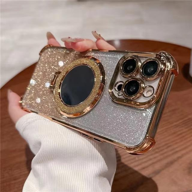 Для серии iPhone 16 15 14 Pro Max Блестящий Глиттер Зеркало Подставка Полная Защита Объектива Чехол для Телефона