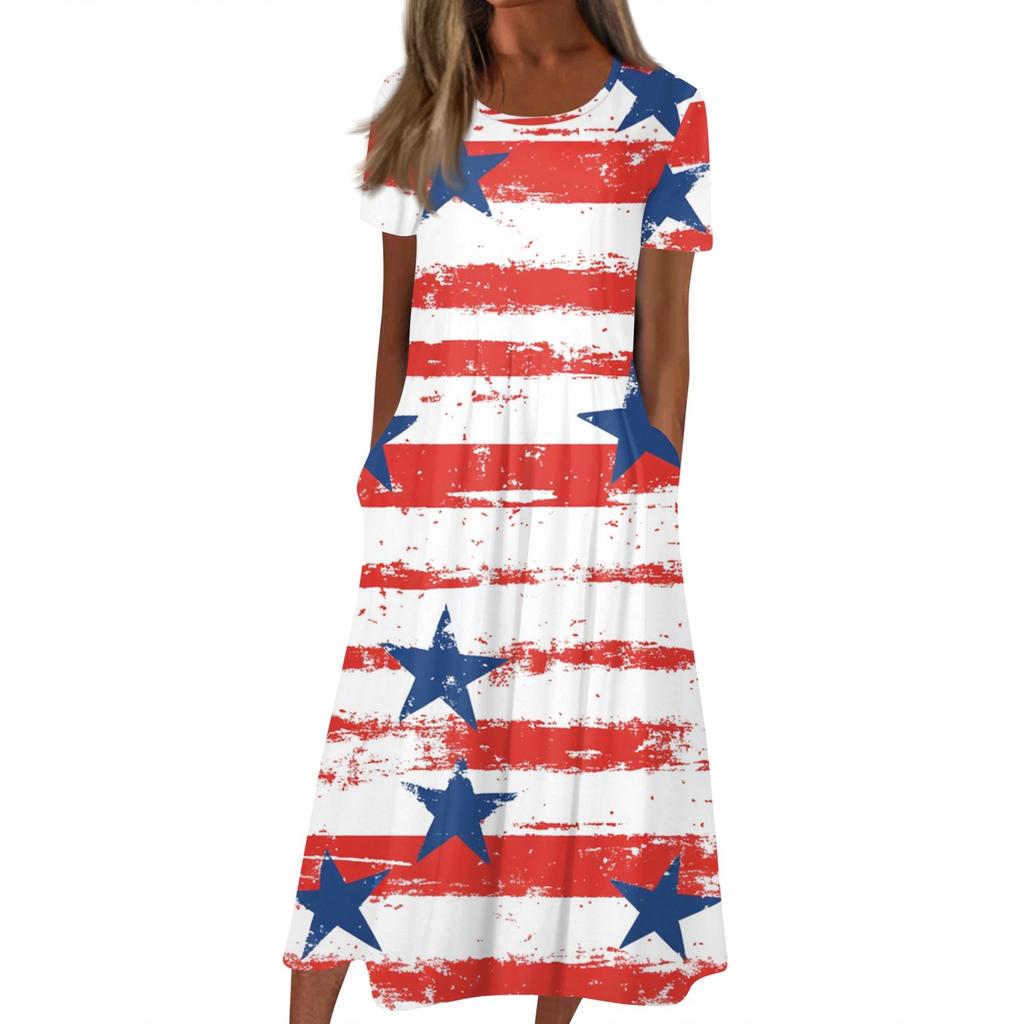 Женское летнее повседневное модное платье с коротким рукавом и карманом на День независимости с коротким рукавом