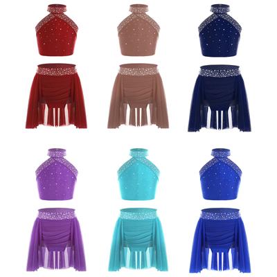 Детский комплект для лирических танцев для девочек, современный костюм, укороченный топ со стразами и купальником с юбкой, одежда для катания на коньках и балета