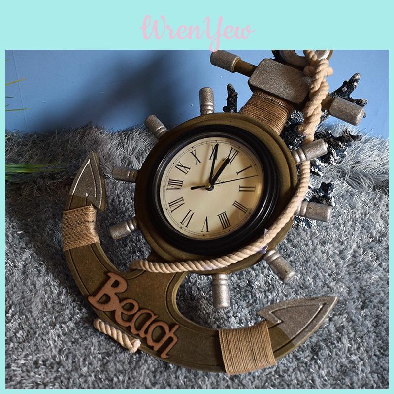 Anchorshaped Wall Clock Nautical Style Wooden Decor Silent Timepiece For Office