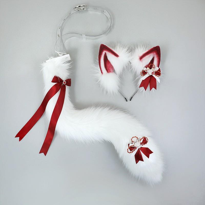 Handmade Fluffy Fox Ear Tail Set Cosplay - Cute Kawaii Anime Style Headband Hair Accessory In Wine Red White