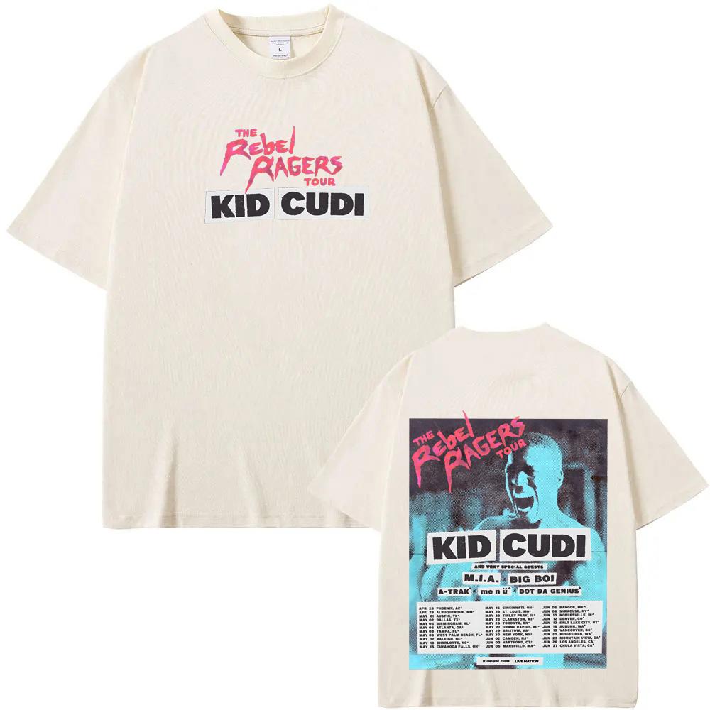Футболка THE REBEL RAGERS TOUR 2026 Американский рэпер Kid Cudi Высококачественная футболка с коротким рукавом Женская/мужская 100% хлопок