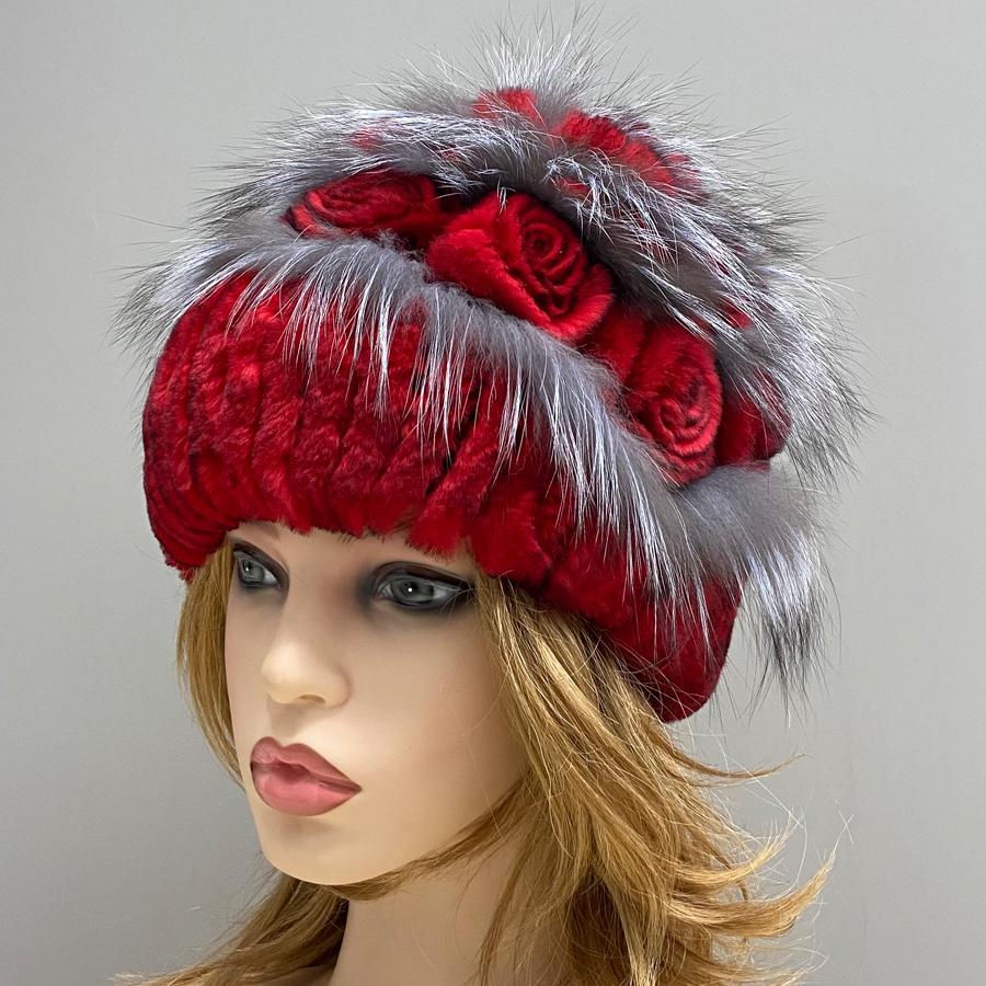 Цветочная меховая шапка из кролика Зимняя женская модная стильная теплая шапка из натурального меха