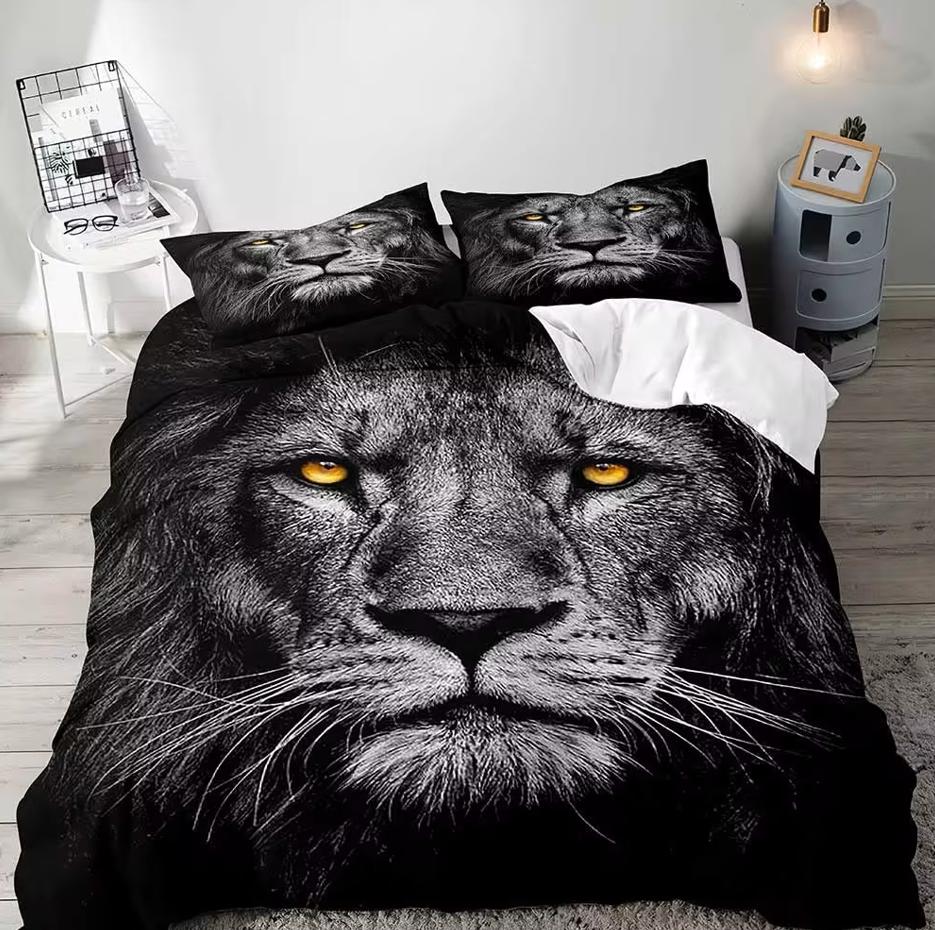 3PCS Lion King & Queen Bedding Set African Safari Animal Black Bedding Comforter Cover Bedroom Decor for Couples Full Size