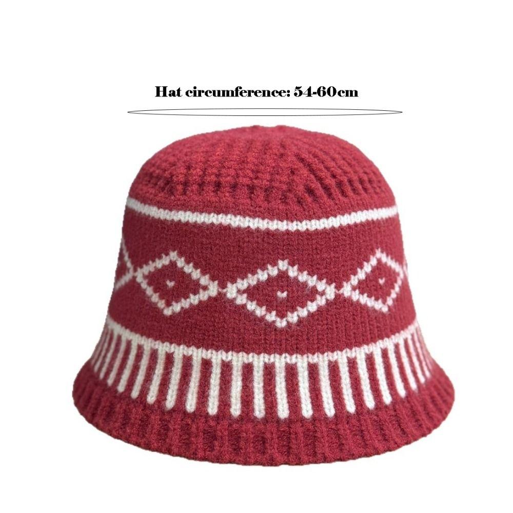 Retro Knitted Hat Warm Diamond Grid Pattern Bucket Hat Appearing Small in Size Big Head Circumference Ear Protection Hat