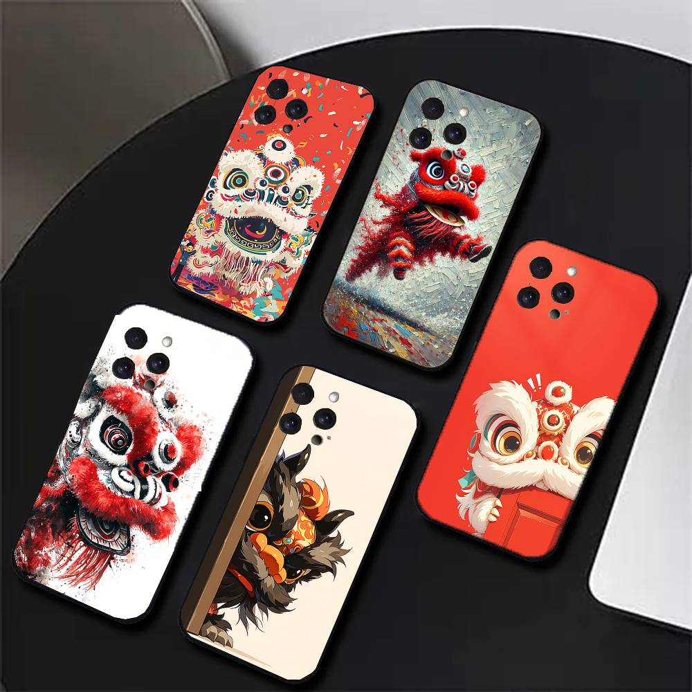 Lion Dance Phone Case For IPhone 17 Air 16 15 14 13 Pro Max 11 12 Black Silicone Cover