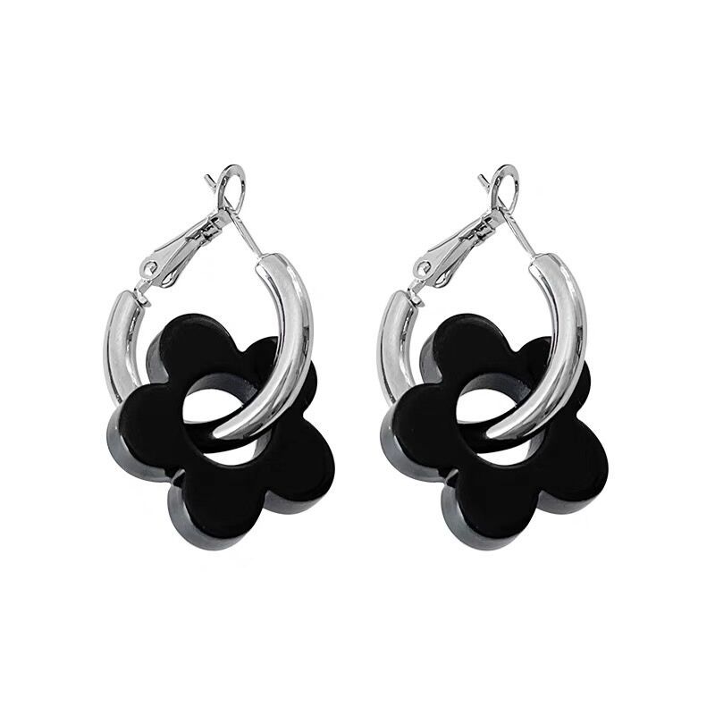 Black flower stud earrings women's new trendy earrings versatile niche design earrings simple and cold wind earrings