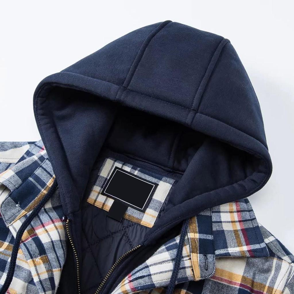 Мужская осенне-зимняя утолщенная куртка-рубашка в клетку с длинными рукавами и лацканами с капюшоном