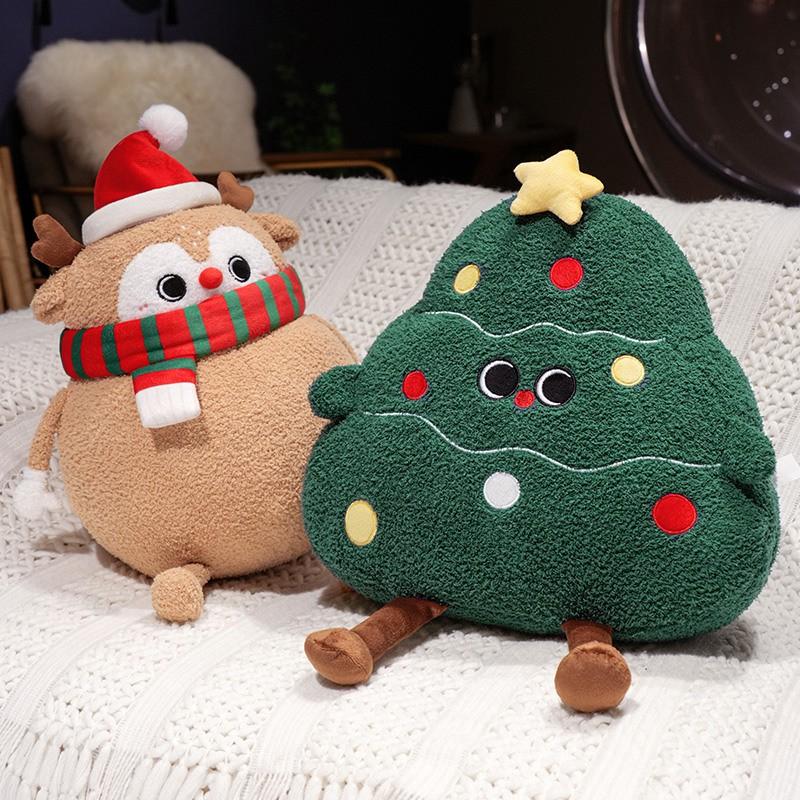 Plush Christmas Pillow Decor Set Santa Reindeer Snowman Tree Ornament Soft Toy Kids Room Holiday Home