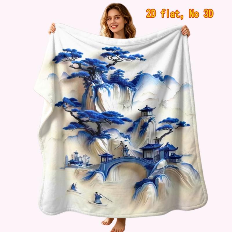 Chinese Blue Pine Mountain Pavilion Ink Landscape Flannel Throw Blanket, Soft Oriental Art Blanket for Sofa Bedroom Home Decor